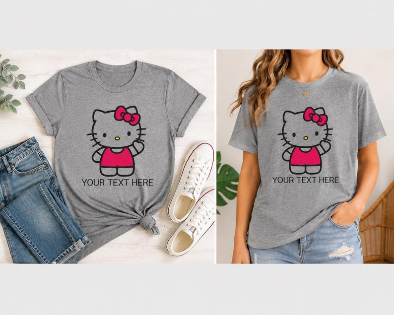 Pode incluir: Duas camisetas cinzentas com um gato de desenho animado com la&ccedil;o e vestido rosa. O texto "YOUR TEXT HERE" est&aacute; abaixo do gato. Uma camisa &eacute; estilizada com jeans e t&ecirc;nis. A outra &eacute; usada por uma pessoa.