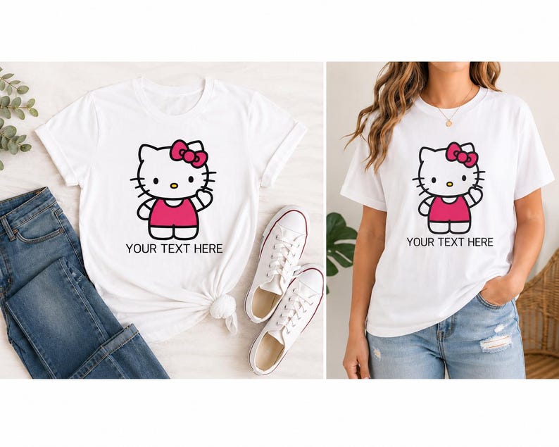Pode incluir: T-shirt branco com um design de personagem de desenho animado, com la&ccedil;o e vestido rosa, e o texto "YOUR TEXT HERE". O design &eacute; em preto e rosa. A camisa &eacute; combinada com jeans azuis e t&ecirc;nis brancos.