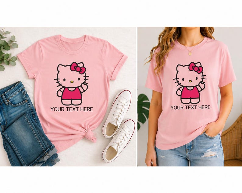Pode incluir: Duas camisetas rosa com um desenho de gato de desenho animado com um la&ccedil;o rosa e o texto "YOUR TEXT HERE". T&ecirc;nis brancos e jeans azuis tamb&eacute;m s&atilde;o vis&iacute;veis.