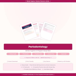 Puede incluir: Un paquete de estudio para estudiantes de higiene dental, con el título "Periodontología". La imagen muestra materiales de estudio, incluyendo una guía de estudio, tarjetas y cuestionarios de práctica. Diseñado para el estudio en el programa y la preparación para el NBDHE.