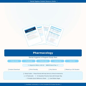 Puede incluir: Una guía de estudio azul y blanca para estudiantes de higiene dental. La guía incluye tarjetas didácticas, cuestionarios de práctica y claves de respuestas. El título "Farmacología" se muestra de forma destacada. Diseñado para el estudio en el programa.