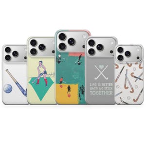 May include: A collection of five phone cases with hockey-themed designs. The cases feature illustrations of hockey sticks, players, and the text "Life is better when we stick together." The cases have a variety of colors, including white, gray, and teal.