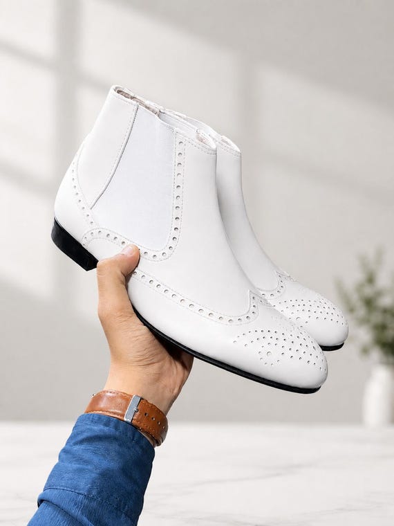 mens white leather dress boots Brogue Wingtip Chelsea Boots, Handmade Custom Men's Ankle knee high white boots men
