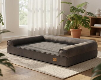 Orthopedic Dog Bed XL, Memory Foam Bolster Sofa for Large Dogs, Grey Plush Pet Mat for Mastiffs & Great Danes
