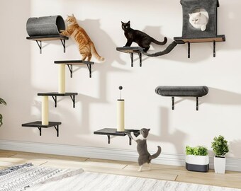 Cat Wall Furniture Set, Wall Mounted Cat Shelves with Cat Condo, Cat Bridge Ladder, Scratching Post & Tunnel