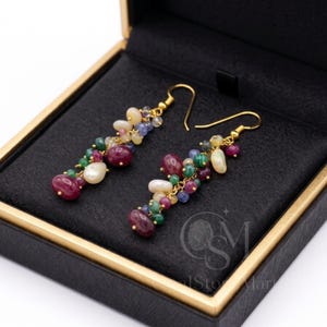 Multi Gemstone Cluster Earrings, Gold Dangle Drop Natural Stone Jewelry, Boho Beaded Earrings, Opal Pearl Ruby Sapphire Emerald