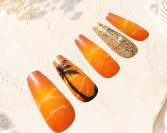 Uñas postizas con diseño de atardecer en la playa / Set de uñas con palmeras tropicales / Uñas con diseño de atardecer en el océano / Uñas hechas a mano para vacaciones de verano