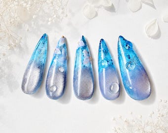 Uñas postizas Rainy Hydrangea / Uñas magnéticas azul púrpura / Set de uñas Dew Drop / Uñas japonesas de verano