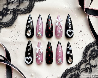 Uñas postizas Jirai Kei Gothic / Detalles de lazo de corazón 3D en rosa y negro