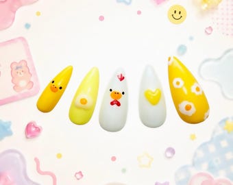 Uñas postizas Kawaii de pollo y pollito / Uñas con lindos animales de granja / Uñas Kawaii japonesas hechas a mano