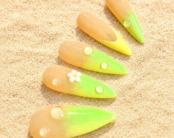 Uñas Rocío Tropical / Uñas Postizas Degradado Lima Brisa Marina / Set de Uñas con Gotas de Agua 3D Estilo Playa / Uñas Japonesas Hechas a Mano