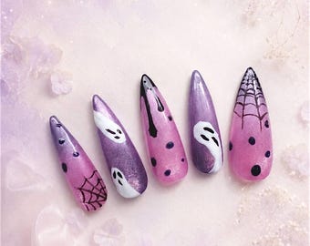 Uñas postizas con diseño de ojos de gato y fantasma rosa / Uñas adorables de Halloween con telaraña / Uñas magnéticas de lavanda con temática de bruja