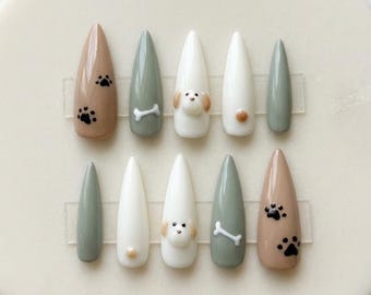 Uñas postizas con diseño de perro kawaii / Diseño de uñas con cachorros adorables / Uñas verde salvia y nude / Uñas de tamaño personalizado / Uñas hechas a mano