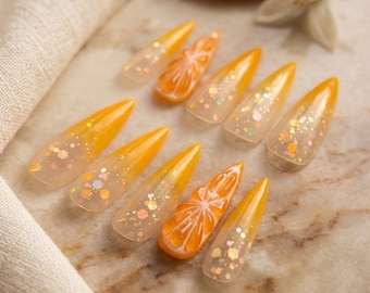 Uñas postizas con diseño de huerto de cítricos hechas a mano / Uñas postizas con diseño de rodaja de naranja en 3D / Uñas postizas con diseño de frutas de verano con degradado de gelatina