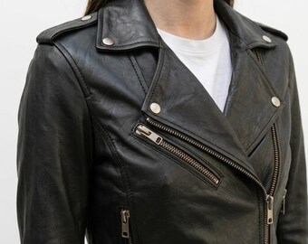 Damen Echtleder Bikerjacke - Asymmetrischer Reißverschluss Motorrad-Stil