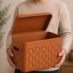 Puede incluir: Una cesta de almacenamiento rectangular de color marrón claro con un patrón exterior trenzado, un borde liso y sólido, y una tapa abatible a juego. La cesta incluye asas laterales integradas y un diseño estructurado para organizar objetos.