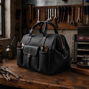 May include: A black leather tool bag featuring two top handles, a central front pocket with a buckle strap, and two side pockets containing various hand tools. The bag has a brass-colored zipper closure and metal hardware accents on the sides.