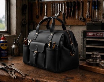 Handgefertigte Werkzeugtasche aus glattem, schwarzem Leder, robuste Arbeitstasche mit mehreren Fächern