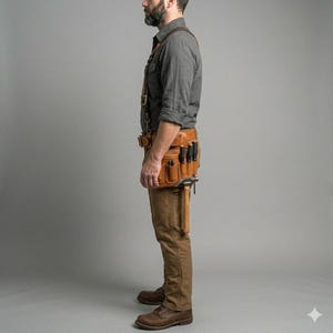 Puede incluir: Un cintur&oacute;n de herramientas de cuero color canela con m&uacute;ltiples bolsillos y trabillas, usado sobre pantalones marrones y una camisa gris. El cintur&oacute;n cuenta con herrajes met&aacute;licos, incluyendo hebillas y remaches, y sostiene varias herramientas.