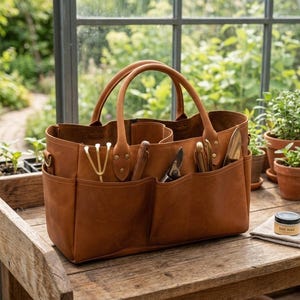 May include: A tan leather garden tool bag with two sturdy handles and multiple exterior pockets. The bag contains various metal gardening tools, including a small rake, shears, and a trowel, and sits on a wooden surface next to a small tin of wax.