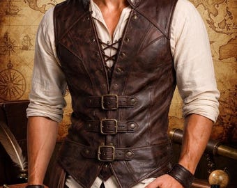 Herren Steampunk Lederweste Vintage Gothic Renaissance Cosplay Weste Braun Piraten-Freibeuter-Bekleidung