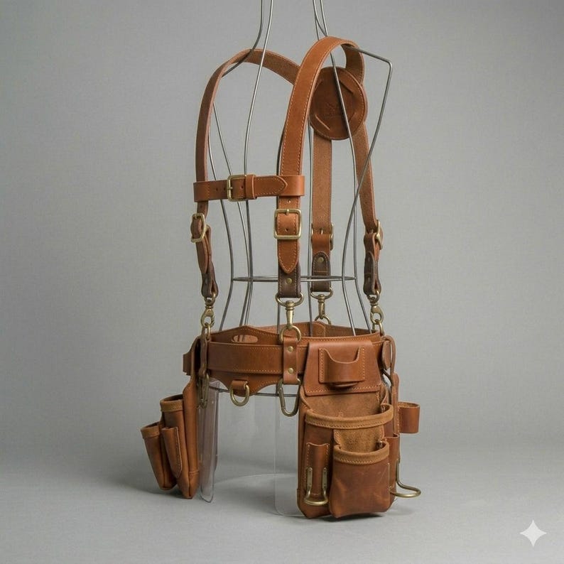 Puede incluir: Un sistema de cintur&oacute;n de herramientas de cuero color canela con correas ajustables para los hombros, hebillas de metal en tono lat&oacute;n y m&uacute;ltiples bolsas de almacenamiento. El arn&eacute;s incluye un cintur&oacute;n con varios bolsillos y bucles sobre un soporte.