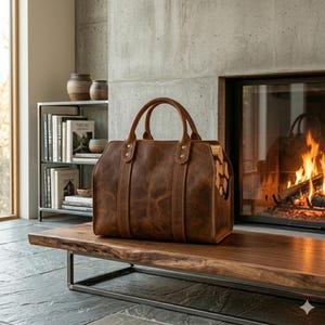 Puede incluir: Un leñero de cuero marrón con dos asas resistentes y costuras reforzadas. La bolsa presenta una base rectangular estructurada y laterales abiertos, diseñados para sujetar leña de forma segura. El cuero tiene un acabado mate liso con variaciones de color naturales, mostrando un tono marrón profundo y rico en toda la pieza.