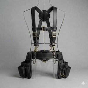 May include: A black leather tool belt harness featuring adjustable shoulder straps with brass-toned metal buckles and a central circular back connector. The waist belt includes multiple integrated storage pouches and metal D-rings for utility.
