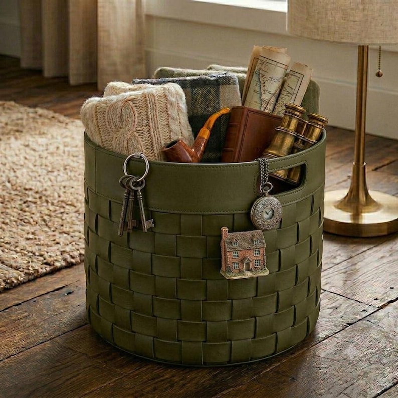 Cesta de almacenamiento de cuero tejido – Soporte para mantas artesanal, leñera, decoración rústica para el hogar imagen 2