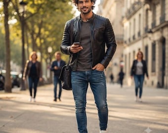 Herren-Motorradjacke aus echtem Leder – Slim-Fit-Bikerjacke