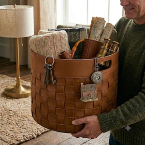 Op de afbeelding: Een ronde opbergmand van gevlochten bruin leer gevuld met een crèmekleurige kabelgebreide deken, een geruit textiel, een houten pijp, vintage kaarten, een koperen verrekijker, een zilveren zakhorloge en een klein decoratief huismodel met sleutels.