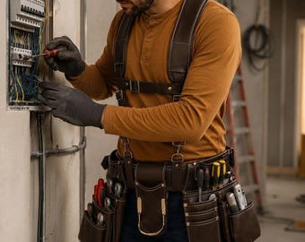 Handgefertigter Werkzeuggürtel aus Leder mit Hosenträgern – Ausrüstung für Schreiner und Elektriker