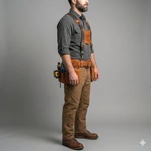 Puede incluir: Un cintur&oacute;n de herramientas de cuero color canela con tirantes y una placa pectoral grabada con el texto LEATHER BY MAD. El cintur&oacute;n incluye m&uacute;ltiples bolsillos y trabillas que sostienen varias herramientas, como una cinta m&eacute;trica amarilla.