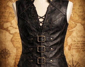 Gilet en cuir Steampunk pour homme, style gothique Renaissance vintage, marron, style pirate/flibustier.