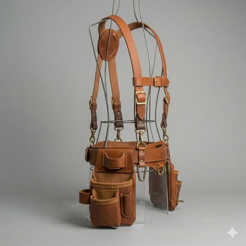 Puede incluir: Un arn&eacute;s utilitario de cuero color canela con correas ajustables para los hombros, hebillas de lat&oacute;n y un cintur&oacute;n. El sistema incluye m&uacute;ltiples bolsas y bolsillos para almacenamiento, conectados mediante clips giratorios y anillos met&aacute;licos.