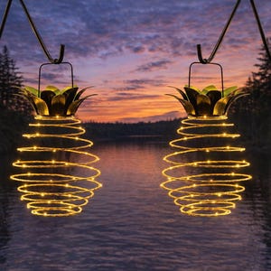 Könnte beinhalten: Zwei hängende Ananas-förmige Außenleuchten mit warmgelben LED-Lichtern. Die Leuchten sind an schwarzen Metallhaken vor dem Hintergrund eines Sees und eines farbenfrohen Sonnenuntergangs aufgehängt.
