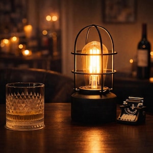 Könnte beinhalten: Eine Vintage-Lampe aus schwarzem Metall mit Käfigdesign, die eine leuchtende Edison-Glühbirne beherbergt. Ein dekoratives Glas mit Rautenmuster und eine Miniatur-Schreibmaschine stehen auf einer Holzoberfläche und schaffen eine warme Atmosphäre. Die Lampe ist etwa 20 cm hoch.