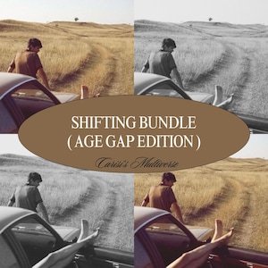 May include: A composite image showing four versions of a scene: a person leaning on a car in a field. The image includes text that reads "SHIFTING BUNDLE (AGE GAP EDITION)" and "Carisi's Multiverse". The scene is presented in colour and monochrome.