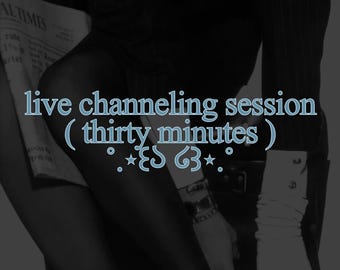May include: A dark-toned image featuring a person wearing a pinstriped jacket and white gloves, holding a newspaper. The text "live channeling session ( thirty minutes )" is overlaid in light blue with decorative star and swirl symbols below it.