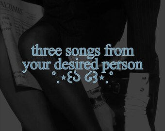 May include: A black and white graphic featuring the text three songs from your desired person with decorative stars and symbols. The image shows a dark, shadowy composition with a newspaper corner, a wrist with a watch, and a white glove visible.