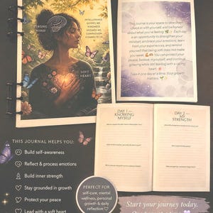 May include: A guided journal titled Strong Mind, Soft Heart featuring a cover illustration of a person with a glowing heart and butterflies. The set includes an open journal page with prompts for Day 1 Knowing Myself and Day 2 My Strength.