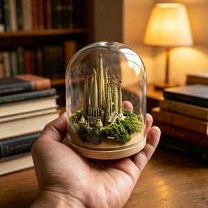 Może przedstawiać: Miniaturowy model katedry Sagrada Familia zamknięty w przezroczystej szklanej kopule z jasną drewnianą podstawą. Architektoniczna replika posiada wysokie, spiczaste wieże i jest otoczona u podstawy drobną, zieloną roślinnością przypominającą mech.