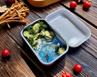 Handmade Ocean Micro Landscape Tin Box Diorama, Miniature Coastal Lighthouse Scene, Resin Sea Decor, Unique Desk Ornament