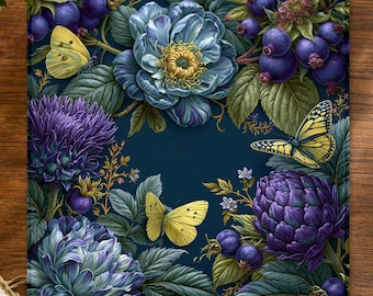 May include: A square mat featuring a dark blue background with a botanical illustration of large blue and purple flowers, clusters of dark berries, green leaves, and three yellow butterflies. The text Majirox is printed in the bottom right corner.