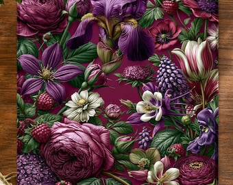 May include: A rectangular mouse pad featuring a dense botanical pattern of purple and magenta flowers, including roses, irises, and tulips, interspersed with green leaves and small red raspberries on a deep magenta background with the text Majirox.