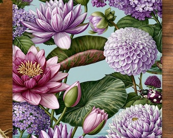 May include: A rectangular mat featuring a vibrant floral pattern with large pink and purple lotus flowers, light purple dahlias, and clusters of small lilac blossoms. Green lily pads and a small spotted beetle are visible on a light blue background.
