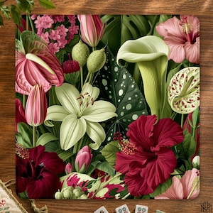 May include: A rectangular mouse pad featuring a dense botanical print of pink hibiscus, white lilies, green calla lilies, and dark red flowers. The design includes large variegated leaves with white spots and the text Majirox in the bottom corner.
