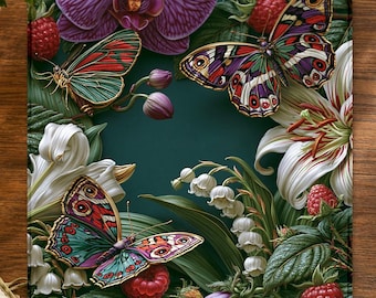 May include: A rectangular mouse pad featuring a dark green background with colourful butterflies, white lily flowers, purple orchid petals, and red raspberries. The bottom right corner displays the text Majirox in a stylised black font.