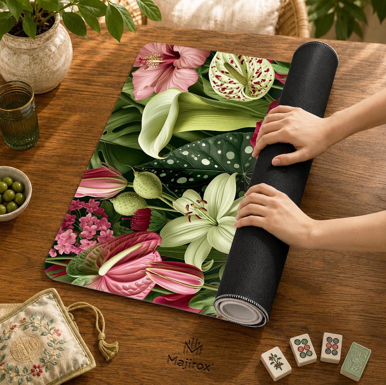May include: A rectangular desk mat featuring a vibrant botanical print with pink hibiscus, white calla lilies, green foliage, and spotted leaves. The mat has a black underside and is partially rolled up, displaying a detailed floral pattern on its surface.
