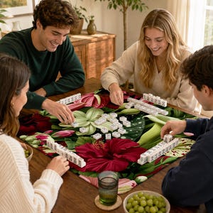 May include: A square mahjong mat featuring a vibrant tropical print with large red hibiscus flowers, green monstera leaves, and pink floral accents. The mat is covered with white rectangular mahjong tiles arranged in rows and scattered groups.